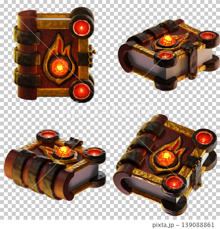 Game Asset. Fire magic book. Isolated on transparent background. 3D illustration. High resolution 139088861