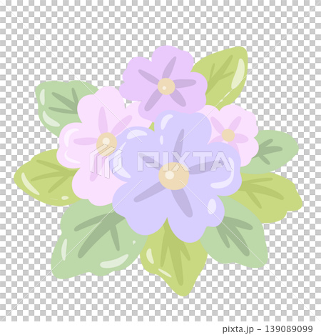 Soft Pastel Purple And Pink Flower Bouquet With Green Leaves Cute Spring Floral Arrangement Botanical Garden Clipart Illustration Soft Pastel Purple And Pink Flower Bouquet With Green Leaves Cute Spring Floral Arrangement Botanical Garden Clipart Illustration 139089099