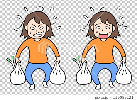 重い買い物袋を抱え髪を振り乱し大汗をかきながら必死に歩くコミカルな女性のイラスト 重い買い物袋を抱え髪を振り乱し大汗をかきながら必死に歩くコミカルな女性のイラスト 139089121