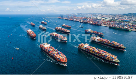 Large container ships navigate busy port with many vessels in clear blue water during daylight hours in a coastal city Large container ships navigate busy port with many vessels in clear blue water during daylight hours in a coastal city 139089187