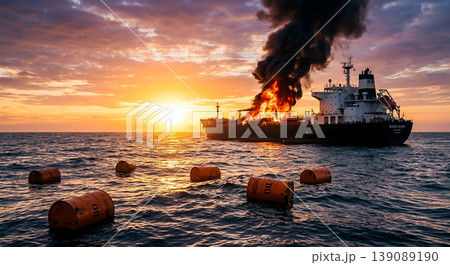 Fire on a cargo ship near the horizon during sunset with floating barrels in the water Fire on a cargo ship near the horizon during sunset with floating barrels in the water 139089190