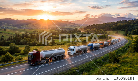 Trucks driving on a highway during sunset with mountains in the background 139089191
