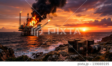 Flames erupt from an oil rig near the shore during sunset with barrels stacked on the rocks 139089195