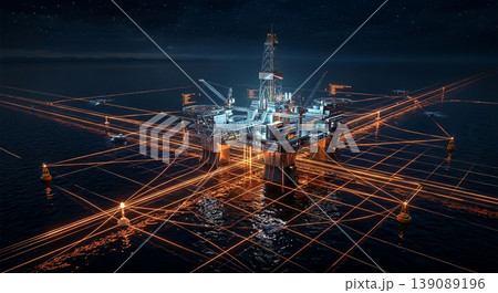 Oil rig in the ocean with network of lights and equipment at night 139089196