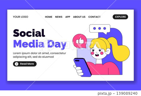 Social Media Day Flat Cartoon Hand Drawn Landing Page Background Template 139089240