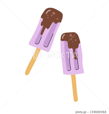 Two purple popsicles with melted chocolate dip illustration Two purple popsicles with melted chocolate dip illustration 139089368