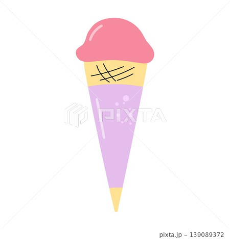 Pink ice cream scoop in a purple waffle cone flat illustration Pink ice cream scoop in a purple waffle cone flat illustration 139089372