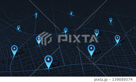 Location EV charging station location mark on gps navigation map a lot with fast supercharger station. Path turns and destination tag or mark. Huge city top view. Tracking path and route. vector 139089374