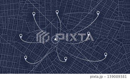 Dark city map with central location hub and scattered destination pins. Vector illustration. Dark city map with central location hub and scattered destination pins. Vector illustration. 139089381