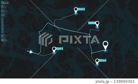 Dark city map showing delivery paths and time estimates. Vector illustration. Dark city map showing delivery paths and time estimates. Vector illustration. 139089383