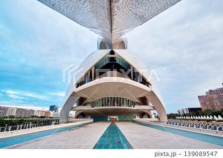 VALENCIA, SPAIN - OCTOBER 17, 2021: Non-standard bottom view of the city of arts and sciences in Valencia created by architect Santiago Calatrava, overlooking Hemisferic and Agora 139089547