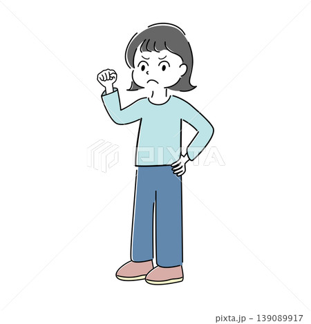 怒りながら拳を挙げる女性の全身シンプルイラスト(挑戦・不満・抗議・ストレス・感情表現・人物素材) 怒りながら拳を挙げる女性の全身シンプルイラスト(挑戦・不満・抗議・ストレス・感情表現・人物素材) 139089917