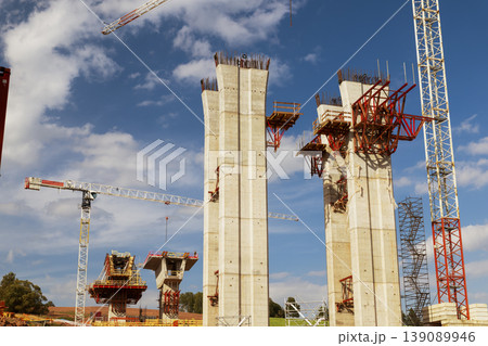 Concrete bridge pillars under construction in Bernartice, Czechia Concrete bridge pillars under construction in Bernartice, Czechia 139089946