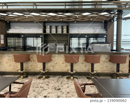 Empty bar counter with brown stools and kegs, suitable for background Empty bar counter with brown stools and kegs, suitable for background 139090062