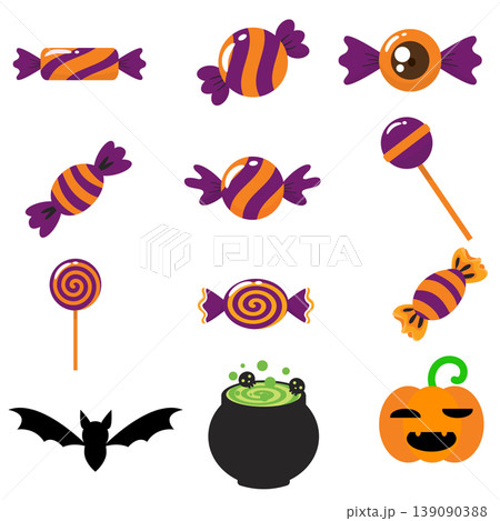Halloween candy bundle vector set isolated on white with pumpkin bat and witch cauldron flat design 139090388