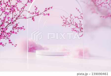 3D rendering of natural beauty podium backdrop with pink cherry blossom branches and dreamy cloud. 3D rendering of natural beauty podium backdrop with pink cherry blossom branches and dreamy cloud. 139090461