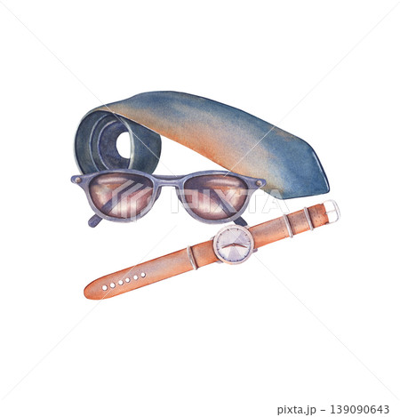 Hand-painted watercolor illustration of men accessories: twisted tie, sunglasses, wristwatch, isolated on white background. Perfect for fashion branding, ads, editorials, packaging, lifestyle design Hand-painted watercolor illustration of men accessories: twisted tie, sunglasses, wristwatch, isolated on white background. Perfect for fashion branding, ads, editorials, packaging, lifestyle design 139090643