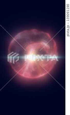 Glowing pink plasma sphere with a bright horizontal flare, forming a dramatic cosmic energy concept on a dark background 139091190
