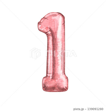 The balloon in the form of the number one pink color. Watercolor illustration of baby shower, birthday. The number for the postcards for the year for the baby. Perfect for decoration, invitations. The balloon in the form of the number one pink color. Watercolor illustration of baby shower, birthday. The number for the postcards for the year for the baby. Perfect for decoration, invitations. 139091280