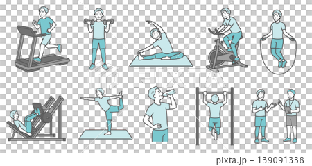 A set of 10 illustrations of a senior man engaging in various exercises (standard build, smiling). A set of 10 illustrations of a senior man engaging in various exercises (standard build, smiling). 139091338