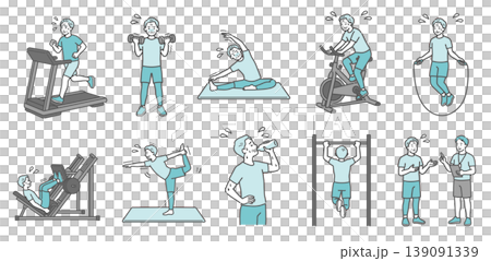 A set of 10 illustrations depicting a senior man struggling with various exercises (standard build). A set of 10 illustrations depicting a senior man struggling with various exercises (standard build). 139091339