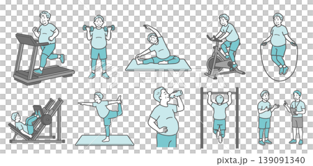 様々な運動をするぽっちゃりシニア男性の10点セットイラスト(笑顔) 様々な運動をするぽっちゃりシニア男性の10点セットイラスト(笑顔) 139091340