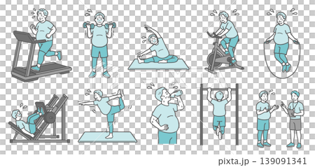 A set of 10 illustrations depicting a chubby senior man struggling with various exercises. A set of 10 illustrations depicting a chubby senior man struggling with various exercises. 139091341