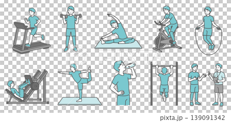 一組 10 幅插圖，描繪了一名成年男性進行各種運動（體型標準，面帶微笑）。 139091342