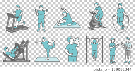 様々な運動をするぽっちゃり成人男性の10点セットイラスト(笑顔) 様々な運動をするぽっちゃり成人男性の10点セットイラスト(笑顔) 139091344