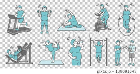 A set of 10 illustrations of a chubby adult man struggling with various exercises. A set of 10 illustrations of a chubby adult man struggling with various exercises. 139091345