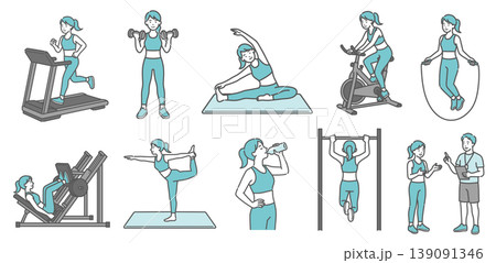 様々な運動をする成人女性の10点セットイラスト(標準体型・笑顔) 様々な運動をする成人女性の10点セットイラスト(標準体型・笑顔) 139091346