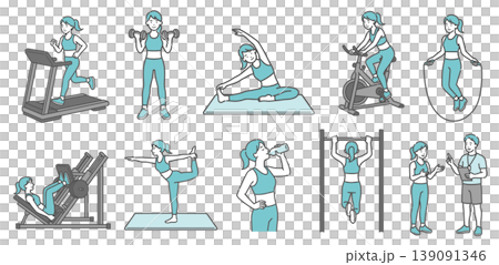 様々な運動をする成人女性の10点セットイラスト(標準体型・笑顔) 様々な運動をする成人女性の10点セットイラスト(標準体型・笑顔) 139091346