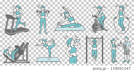 一組 10 幅插圖，描繪了一位成年女性（身材標準）努力進行各種鍛鍊的場景。 139091347