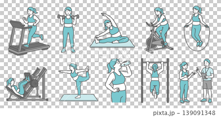 A set of 10 illustrations of a chubby adult woman doing various exercises (smiling). A set of 10 illustrations of a chubby adult woman doing various exercises (smiling). 139091348