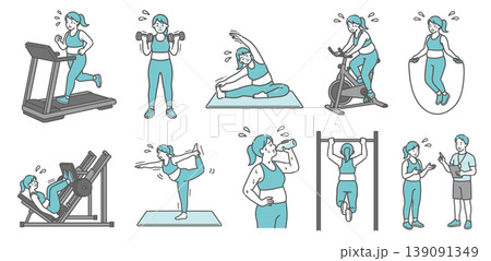 様々な運動を辛そうにするぽっちゃり成人女性の10点セットイラスト 様々な運動を辛そうにするぽっちゃり成人女性の10点セットイラスト 139091349