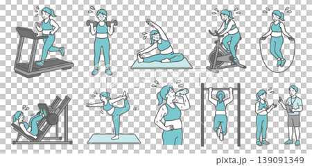 様々な運動を辛そうにするぽっちゃり成人女性の10点セットイラスト 様々な運動を辛そうにするぽっちゃり成人女性の10点セットイラスト 139091349