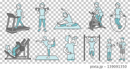 A set of 10 illustrations of a senior woman engaging in various exercises (standard build, smiling). A set of 10 illustrations of a senior woman engaging in various exercises (standard build, smiling). 139091350