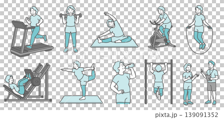 A set of 10 illustrations of a chubby senior woman doing various exercises (smiling). A set of 10 illustrations of a chubby senior woman doing various exercises (smiling). 139091352