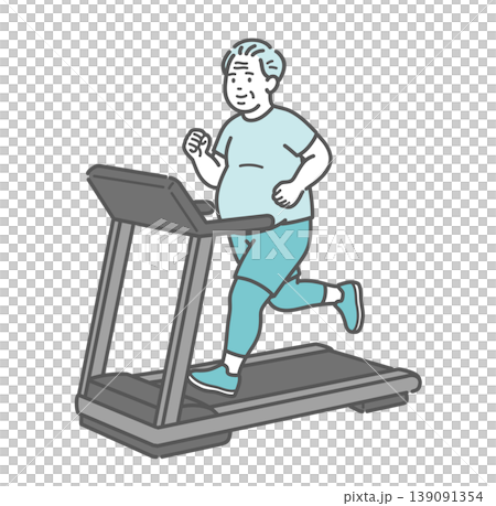 An illustration of a slightly overweight senior man exercising on a treadmill (smiling). 139091354