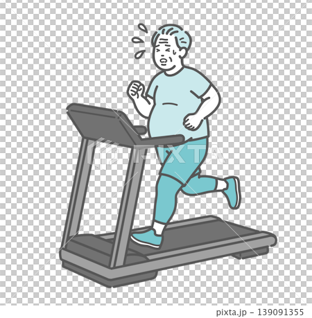 An illustration of a chubby senior man struggling to exercise on a treadmill. 139091355