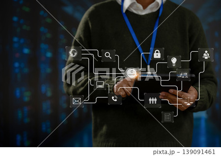Copyright or patent concept, Person hand using laptop computer, tablet and smartphone with virtual screen copyright icon trademark, Creation ownership against piracy at office. 139091461