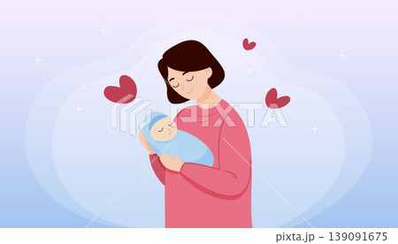 Mother gently holding newborn baby in warm pastel scene illustration. maternal love 139091675
