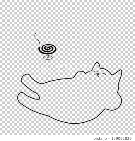 一幅輕鬆的夏日插畫，描繪了一隻貓和蚊香，風格簡潔的手繪。 139091829