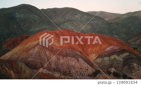 Aerial panoramic view of Cerro de los Siete Colores in Purmamarca, Jujuy, Argentina Aerial panoramic view of Cerro de los Siete Colores in Purmamarca, Jujuy, Argentina 139091834