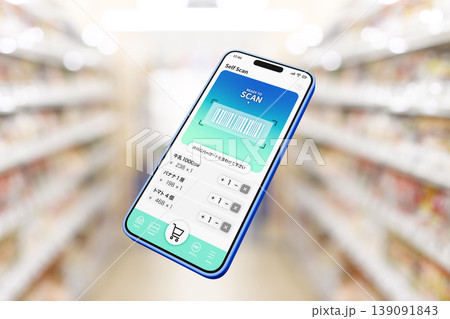 スマホで商品をスキャンするセルフレジ ※背景が写真です。 スマホで商品をスキャンするセルフレジ ※背景が写真です。 139091843