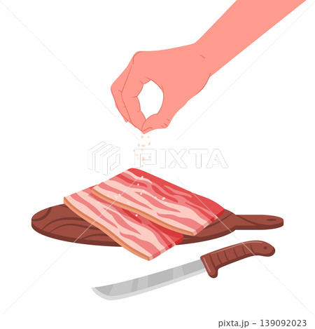 Bacon seasoning. Hand salting bacon, delicious meat product, bacon salting process flat vector illustration. Cartoon tasty meat cooking on white Bacon seasoning. Hand salting bacon, delicious meat product, bacon salting process flat vector illustration. Cartoon tasty meat cooking on white 139092023