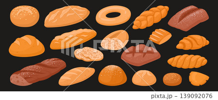 Pastry, bakery wheat products. Cartoon loaf of bread, baguette, croissant and baked goods flat vector illustration set. Isolated flour confectionery bundle Pastry, bakery wheat products. Cartoon loaf of bread, baguette, croissant and baked goods flat vector illustration set. Isolated flour confectionery bundle 139092076