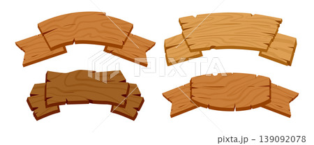 Rustic blank wood ribbons. Wooden sign boards and ribbon planks, wooden ribbon planks flat vector illustration set. Cartoon vintage curved wood banners Rustic blank wood ribbons. Wooden sign boards and ribbon planks, wooden ribbon planks flat vector illustration set. Cartoon vintage curved wood banners 139092078