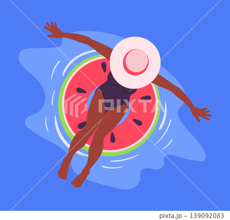 Woman floating on inflatable ring. Female character swimming on pink inflatable ring in ocean or swimming pool flat vector illustration. Girl relaxing on rubber toy 139092083
