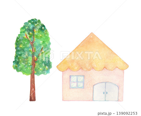 黄色い屋根の家と木 手描き 水彩 黄色い屋根の家と木 手描き 水彩 139092253